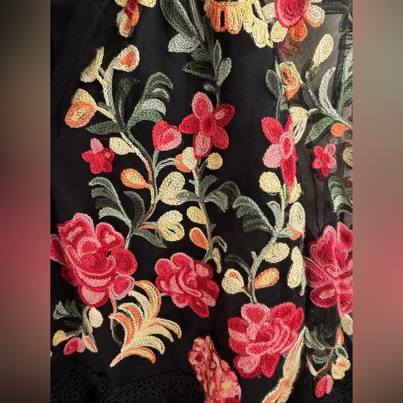 Women's Embroidered Black Baby Doll Long Sleeve Shirt Size Small Oversized Boho - Picture 6 of 11